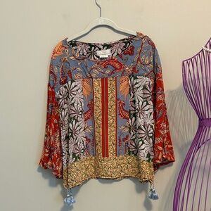 Anthropologie Multicolor Boho Floral Patchwork Top with Tassels